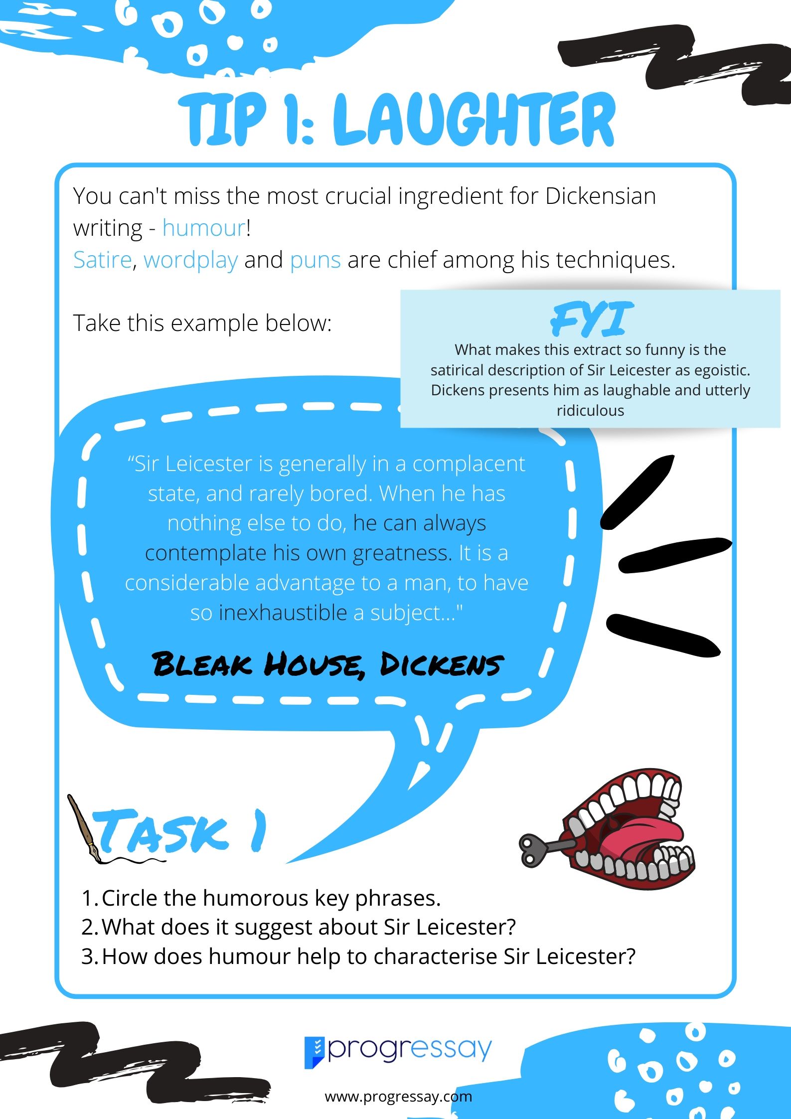 how to write like Dickens, tip 1, laughter, Dickens, Progressay